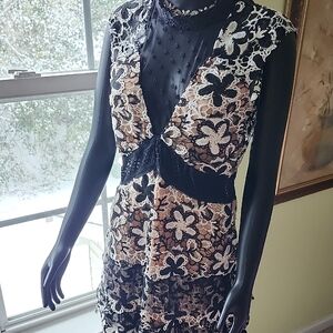 Floral Lace Dress with Black and White Accents